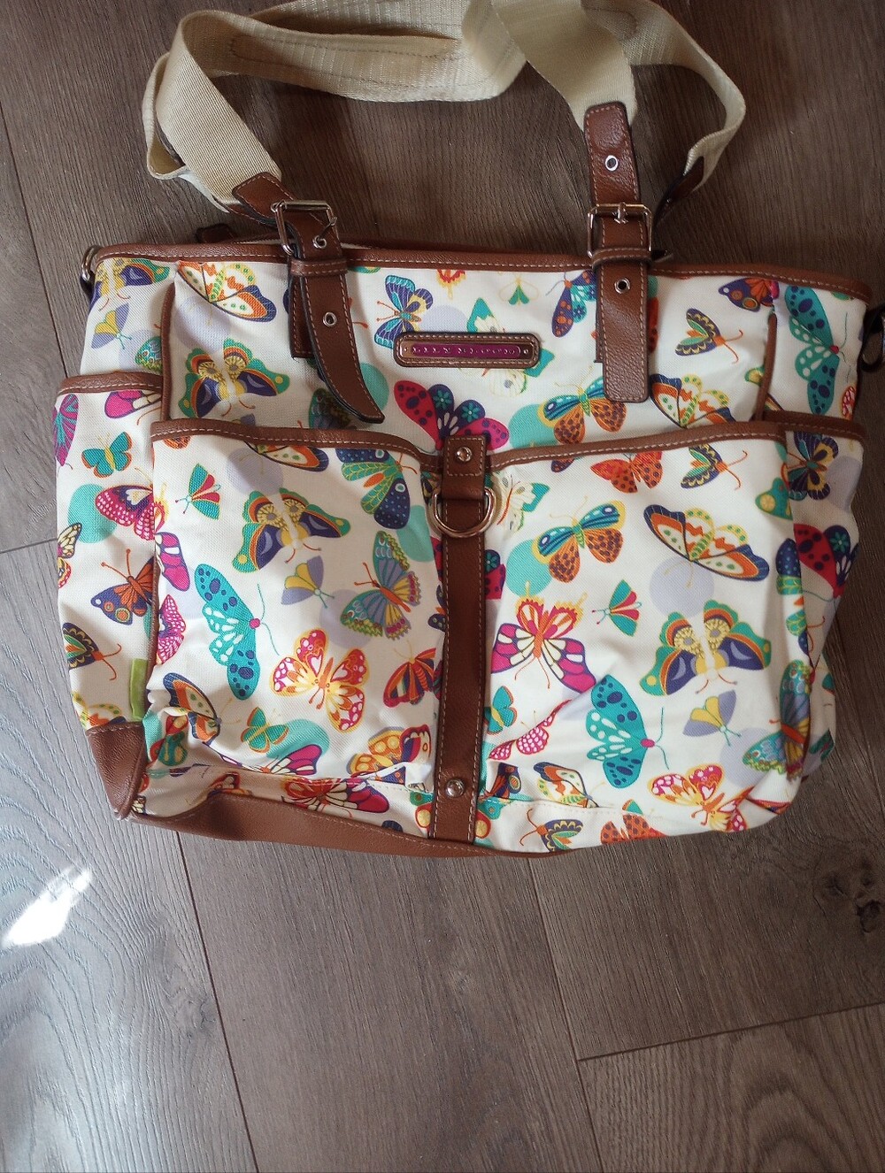 Lily Bloom Canvas Butterfly Tote Bag with Brown Trim - Multicolor